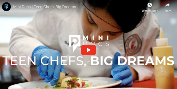 Video still from Teen Chefs, Big Dreams of a female student chef plating a dish.