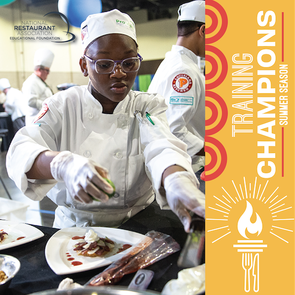 Training Champions graphic with a photo of a ProStart student cooking at a competition.
