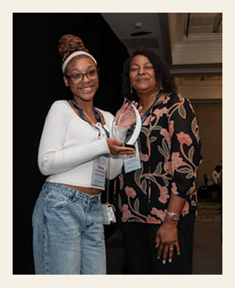 Collage of hospitality and culinary scenes: a chef demonstrating food preparation to two students in a professional kitchen, and two women smiling while one holds an award at an event.